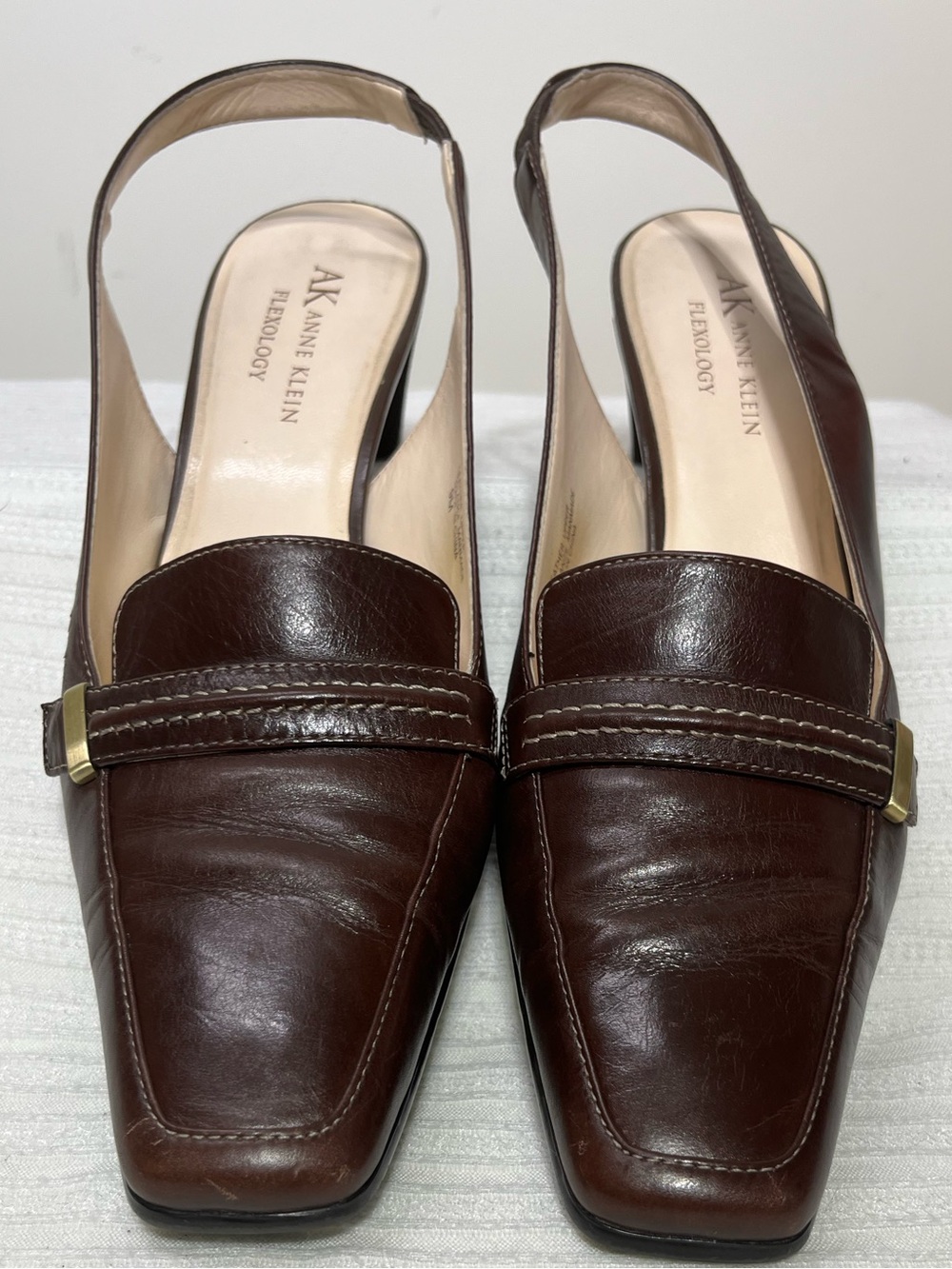 Anne Klein Dark Brown Leather Slingback Loafers with Gold Buckle